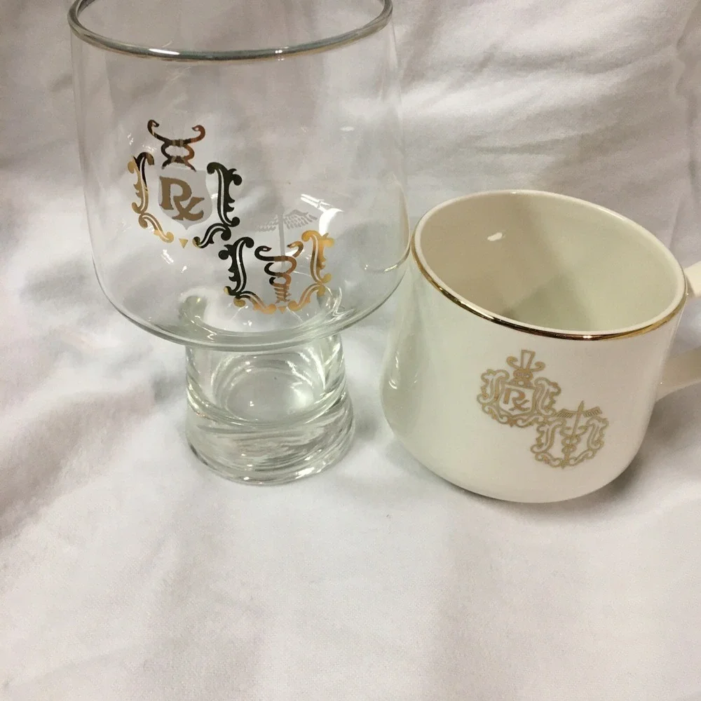 DOCTOR PHARMACIST Apothecary CADUCEUS RX GOLD RIM Coffee Cup‎ and Glass Set